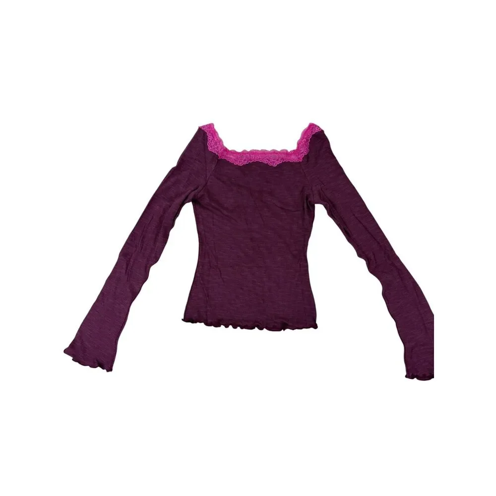 NWT Free People Womens Medium Pink Long Sleeve Layering Top Lace Trim